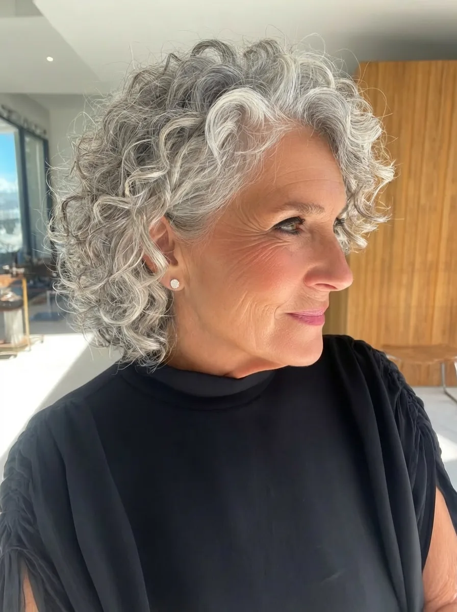 Chin-Length Curly Bob in Silver Frost for Square Faces